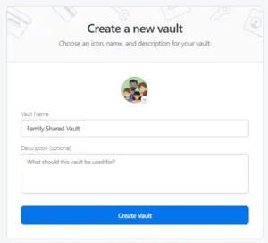 Creating a new shared vault in 1Password.