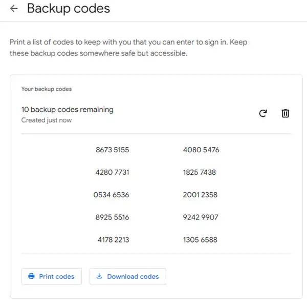 Downloading Google account backup codes