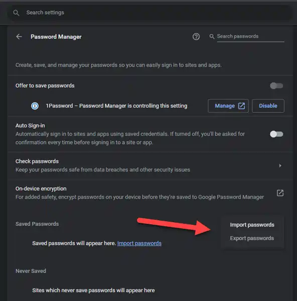 Google Chrome Password Manager setting options.