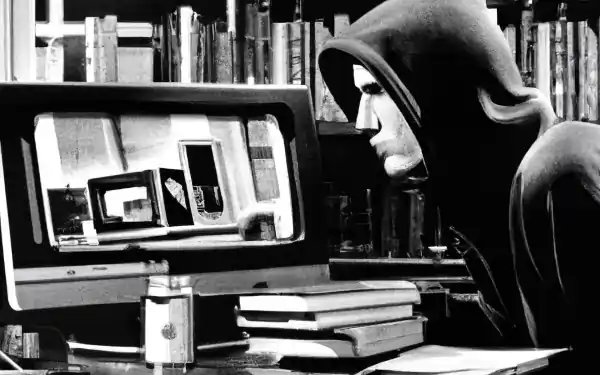 A hacker surrounded by books, looking at the computer screen.