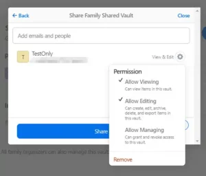 Configuring the permissions in 1Password for the vault shared with the family.