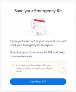 A prompt to download 1Password Emergency kit pdf.