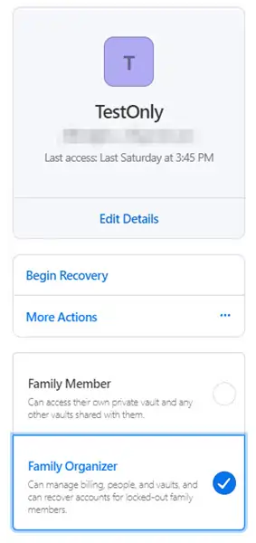 Setting up a family member as Family Organizer in 1Password.