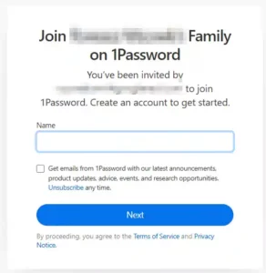 An invitation form to join the family on 1Password.