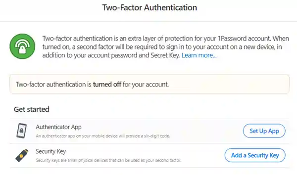 A form in 1Password for 2FA configuration.